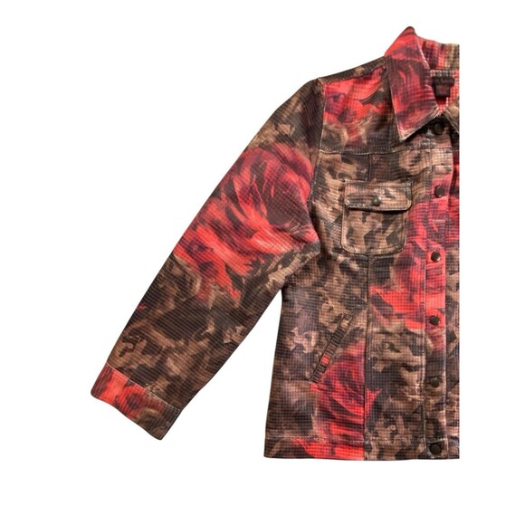 Sara Isabella Brown Red Floral Textured Squares Trucker Jacket Womens XL - Picture 10 of 10